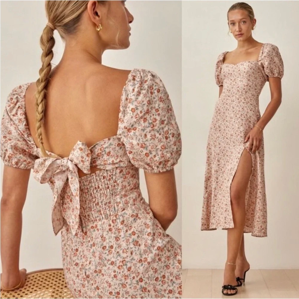 REFORMATION Denver Floral Print Linen Midi Dress Sz 2 cottagecore coquette boho - Picture 6 of 11